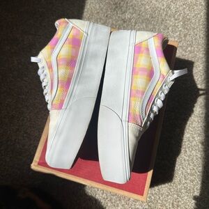 Pink and Yellow Plaid Women's Vans Sneakers